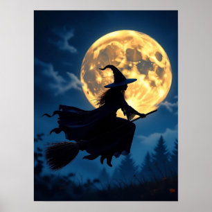 Poster Bruxa de Broom no Dia das Bruxas da Lua Completa