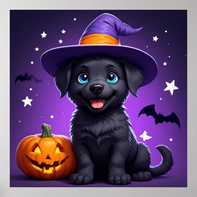 Poster Bruxa de Chapéu de Cachorrinho Fofo Halloween 🐶 (Frente)