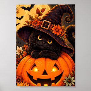 Poster Bruxa de Gato Preto Abóbora de Halloween Outono Cu