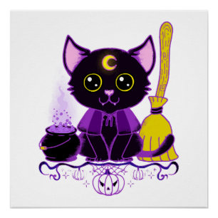 Pôster Bruxa de Gato Preto de Halloween Fofo
