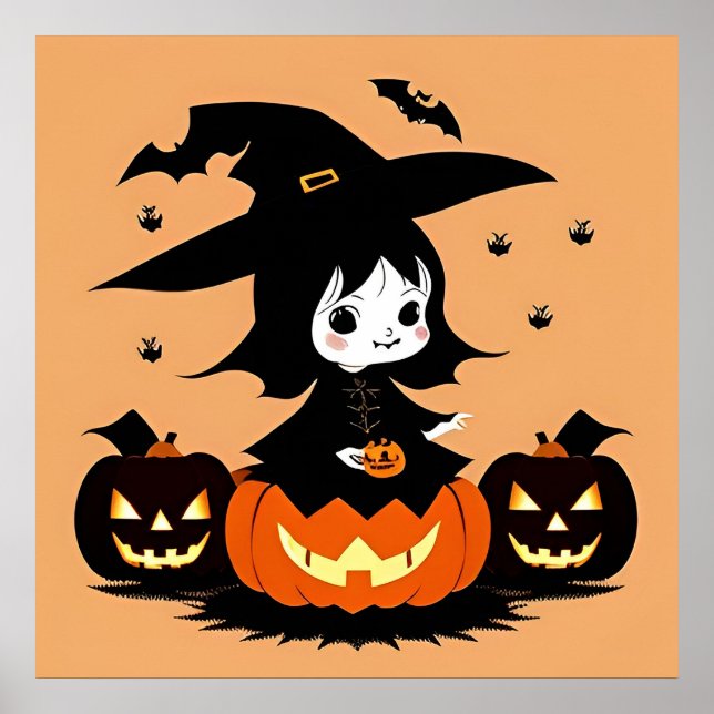 Poster Bruxa de Halloween com Abóboras (Frente)