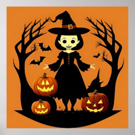 Poster Bruxa de Halloween com Pumpkins em Spooky Setting
