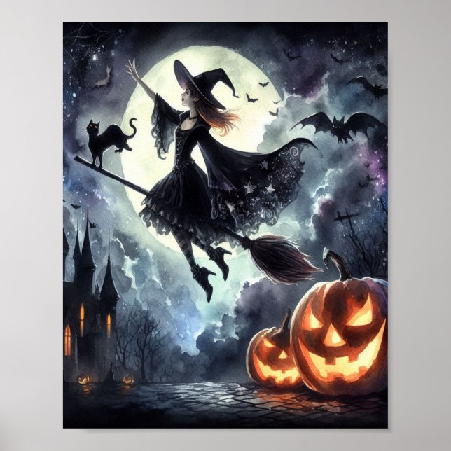 Poster Bruxa de Halloween com vassoura e gato (Frente)
