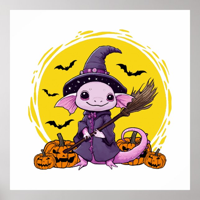 Poster Bruxa de Halloween Cute Axolotl (Frente)