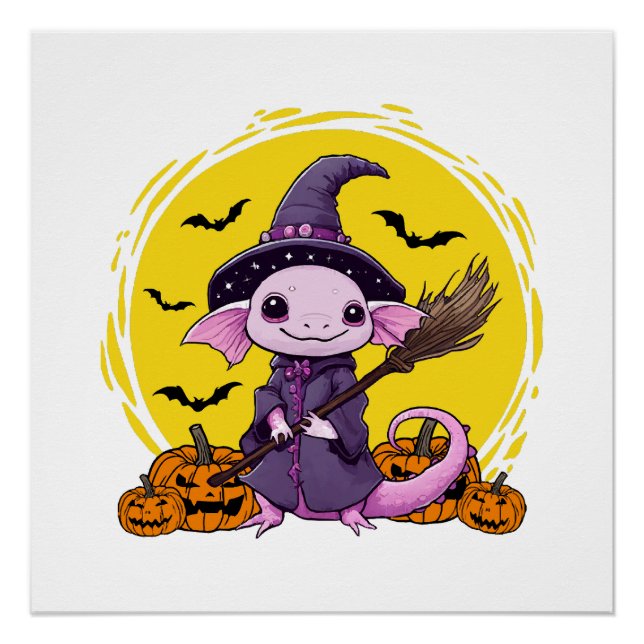 Pôster Bruxa de Halloween de Axolote Fofo (Frente)