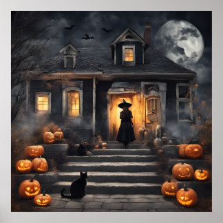 Poster Bruxa de Halloween e Casa Assombrada