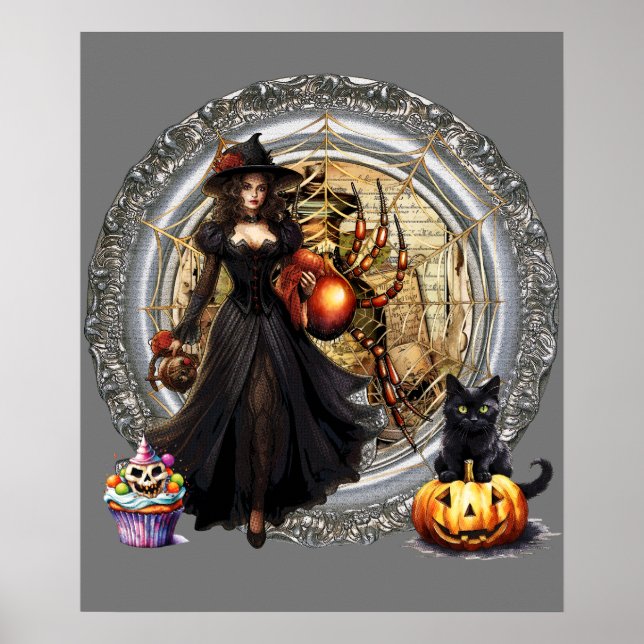 Poster Bruxa De Halloween E Gato (Frente)