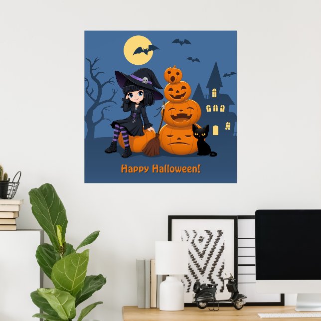 Poster Bruxa de Halloween, Gato Negro e Abóboras (Escritório em casa)