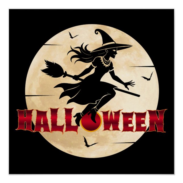 Pôster Bruxa de Halloween na Vassoura (Frente)