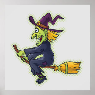 Poster Bruxa de Halloween numa Broom