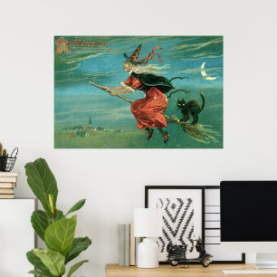 Poster Bruxa de Halloween Vintage com Gato Negro