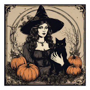 Pôster Bruxa de Halloween Vintage com Gato Negro, Abóbora