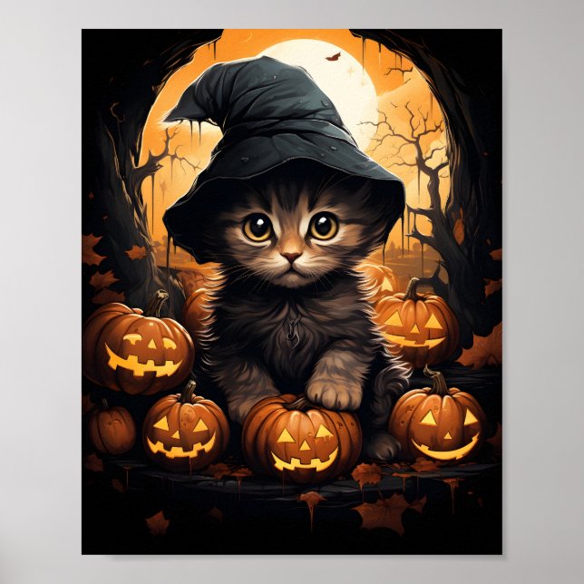 Poster Bruxa De Kitten Halloween Com Folhas E Abóboras (Frente)