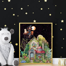 Poster Bruxa e Gatinho Fofos Com Uma Casa Feliz 