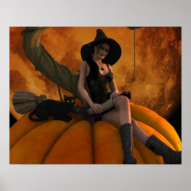 Pôster Bruxa e Gato na Pumpkin Gigante (Frente)