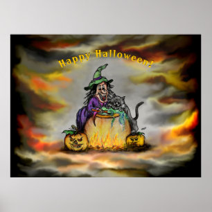 Poster Bruxa e gato preto, Feliz Halloween!