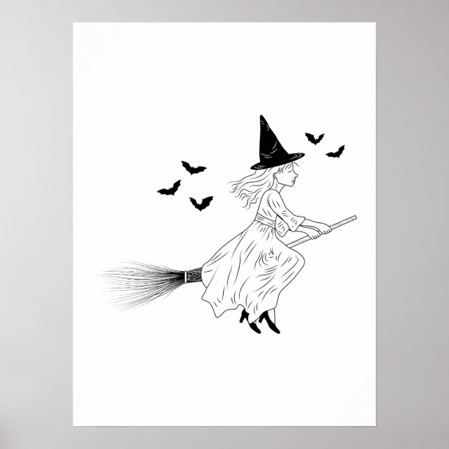 Poster Bruxa E Morcegos Arte De Linha Simples Halloween M (Frente)