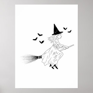 Poster Bruxa e Morcegos, Arte Simples De Linha, Halloween