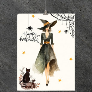 Poster Bruxa Elegante Gata Aranhas Gótico Halloween Vinta