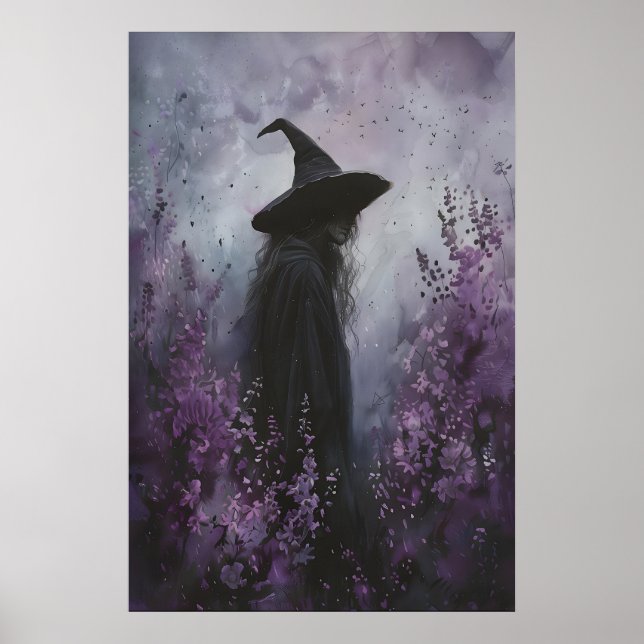 Poster Bruxa Encantadora em Flores Roxas Arte Imprimível (Frente)