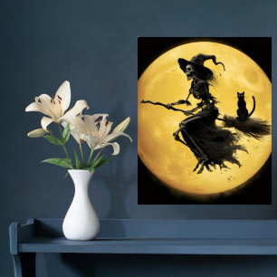 Poster Bruxa Esqueleto Gato Lua Horror Halloween Assustad