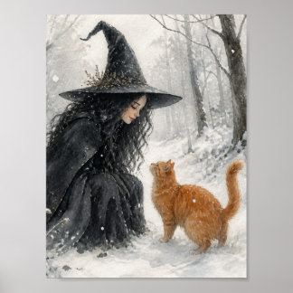 Poster Bruxa Fantasia e Gato Laranja na Floresta de Inver