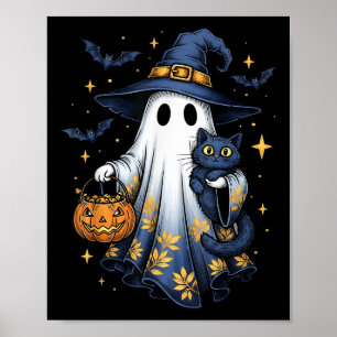 Poster Bruxa Fantasma de Halloween Segurando Gato Preto D