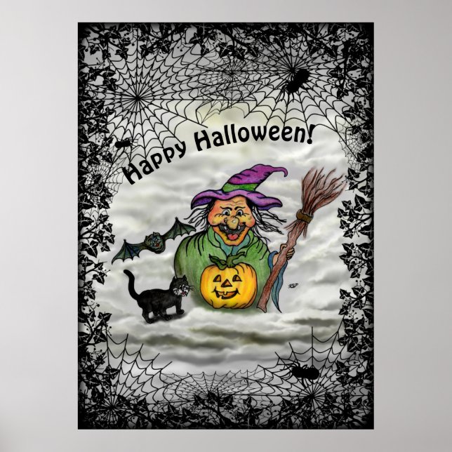 Poster Bruxa, Gato, Bat e Pumpkin, Feliz Halloween! (Frente)