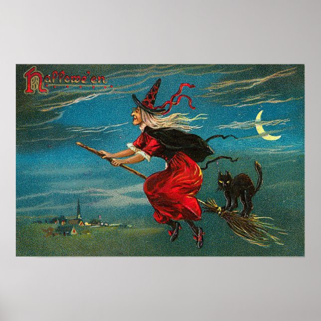 Poster Bruxa Gato Preto Voador Lua Crescente (Frente)