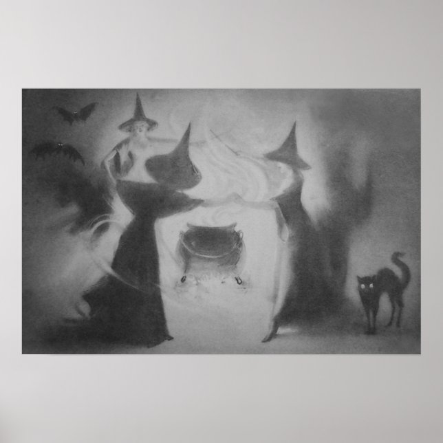Poster Bruxa Monocromática Morcego Noite Caldeirão Gato P (Frente)