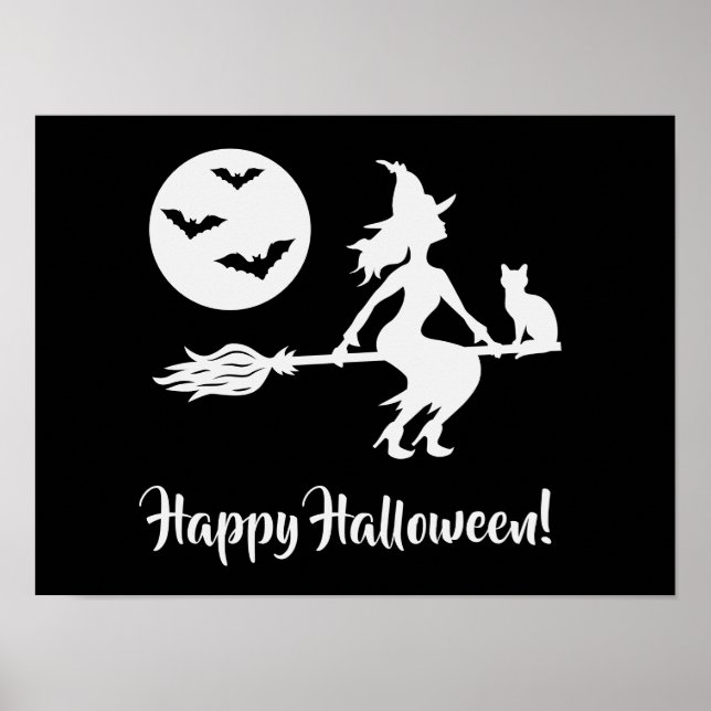 Poster Bruxa Num Cabelo Preto E Branco Feliz Halloween (Frente)