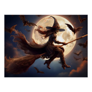 Pôster Bruxa Steampunk do Voo ao Luar de Halloween