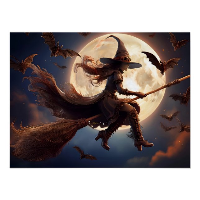 Pôster Bruxa Steampunk do Voo ao Luar de Halloween (Frente)