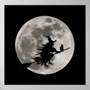 Pôster bruxa voadora com uma lua brilhante atrás dela