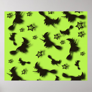 Poster bruxa voadora entre as estrelas na noite de Hallow