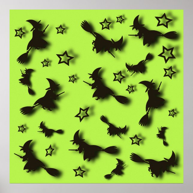 Poster Bruxa voadora entre estrelas na noite de Halloween (Frente)