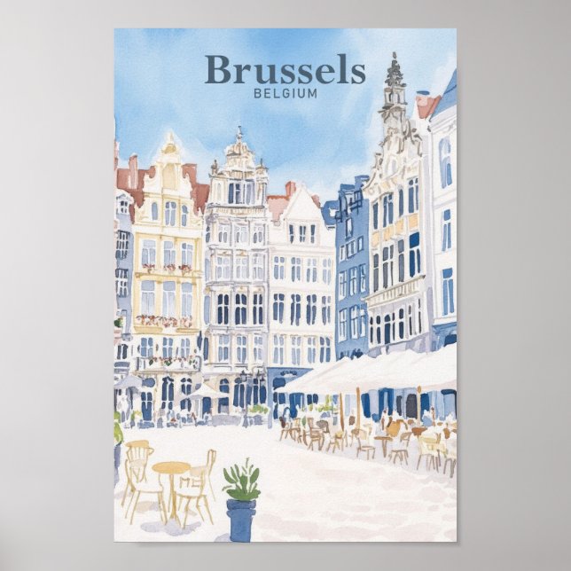 Poster Bruxelas Bélgica Gouache Paint Viagem (Frente)