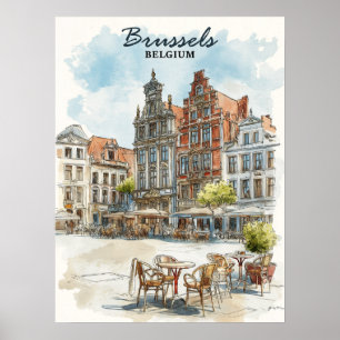 Poster Bruxelas Bélgica - Vintage Watercolor Cityscape