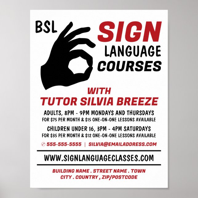 Poster BSL, Ok Gesto, Anúncio de curso de linguagem de si (Frente)