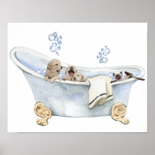 Poster Bubble Bath Puppies Kitten Bathtub Bathroom