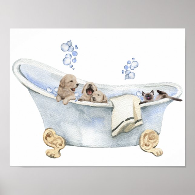Poster Bubble Bath Puppies Kitten Bathtub Bathroom (Frente)