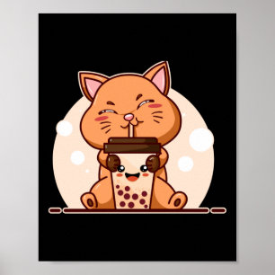 Poster Bubble Kawaii Cat Bebendo Boba Tea