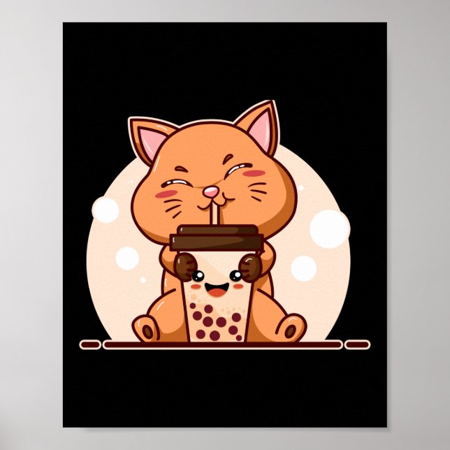 Poster Bubble Kawaii Cat Bebendo Boba Tea (Frente)