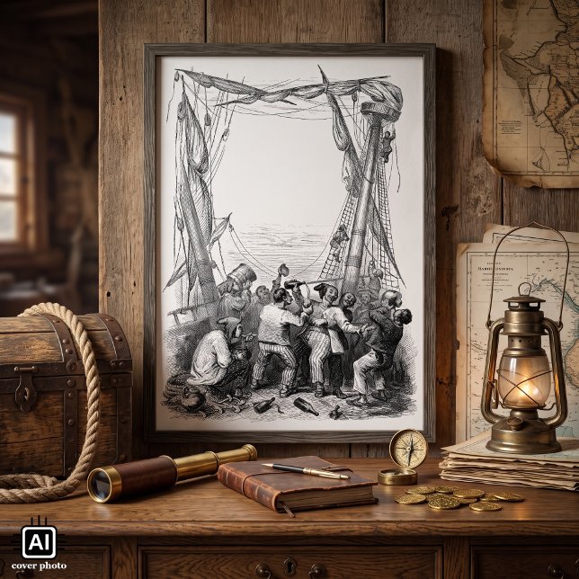 Pôster Bucaneiros antigos e um navio pirata naufragado (Vintage illustration pirate image featuring buccaneers around their shipwreck drinking rum.)