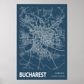 Poster Bucareste Romênia - Mapa da cidade - Linha Art Blu