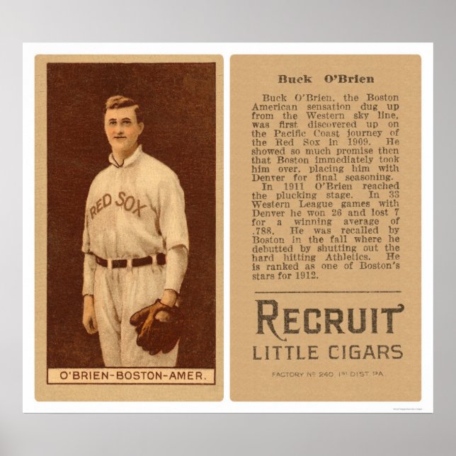 Poster Buck O'Brien Red Sox Baseball 1912 (Frente)