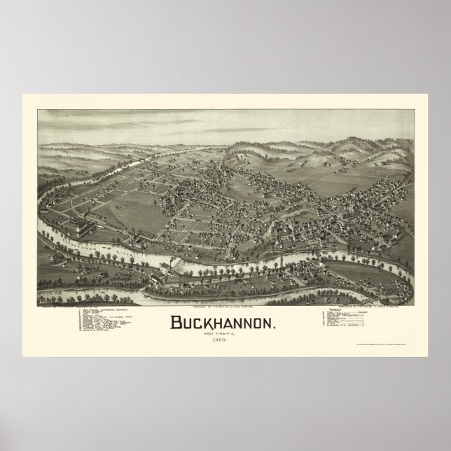 Pôster Buckhannon, Mapa Panorâmico da WV - 1900 (Frente)