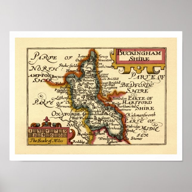 Poster Buckinghamshire County England Antigo Mapa Antiquá (Frente)