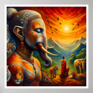 Poster buda espiritual e elefante