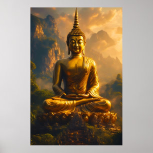Poster Buda Sentado Dourado Sob um Céu de Pôr do Sol
